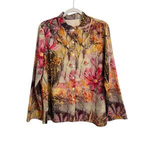 Women's L Cottagecore Floral Long Sleeve Button Front Lightweight Blouse Bloom